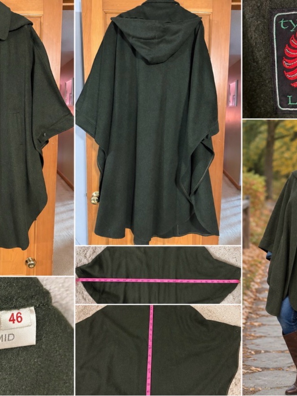 Tyroler Loden Wool Cape Poncho Size 46 Green Detachable Hood Austrian Alpine Coa - Picture 2 of 9